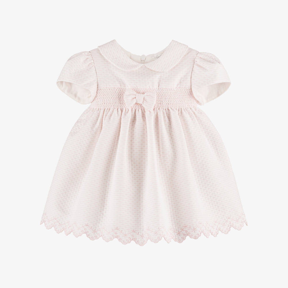 Dr. Kid-Baby Girls Pink Smocked Cotton Dress with Floral Embroidery | Childrensalon