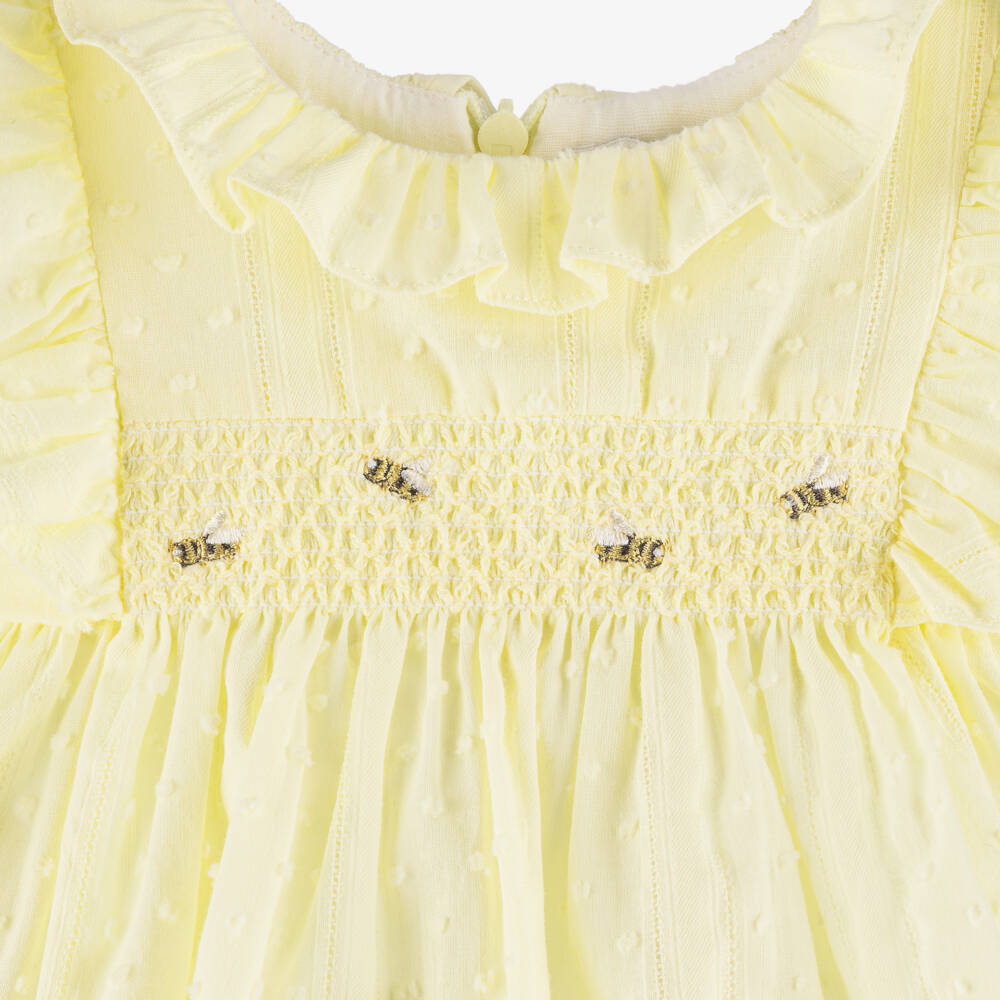 Dr. Kid-Baby Girls Yellow Cotton Smocked Dress with Embroidered Bees | Childrensalon