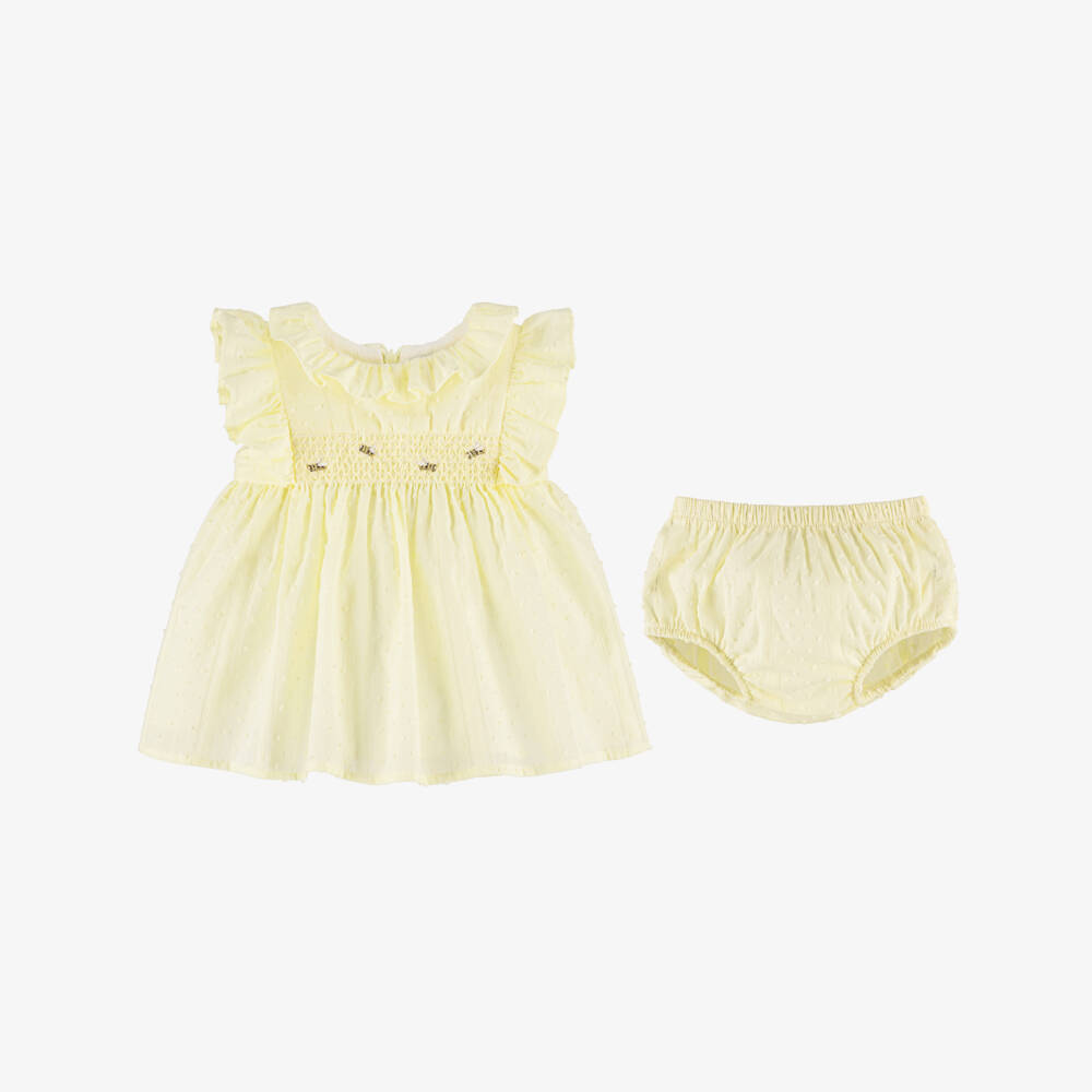 Dr. Kid-Baby Girls Yellow Cotton Smocked Dress with Embroidered Bees | Childrensalon