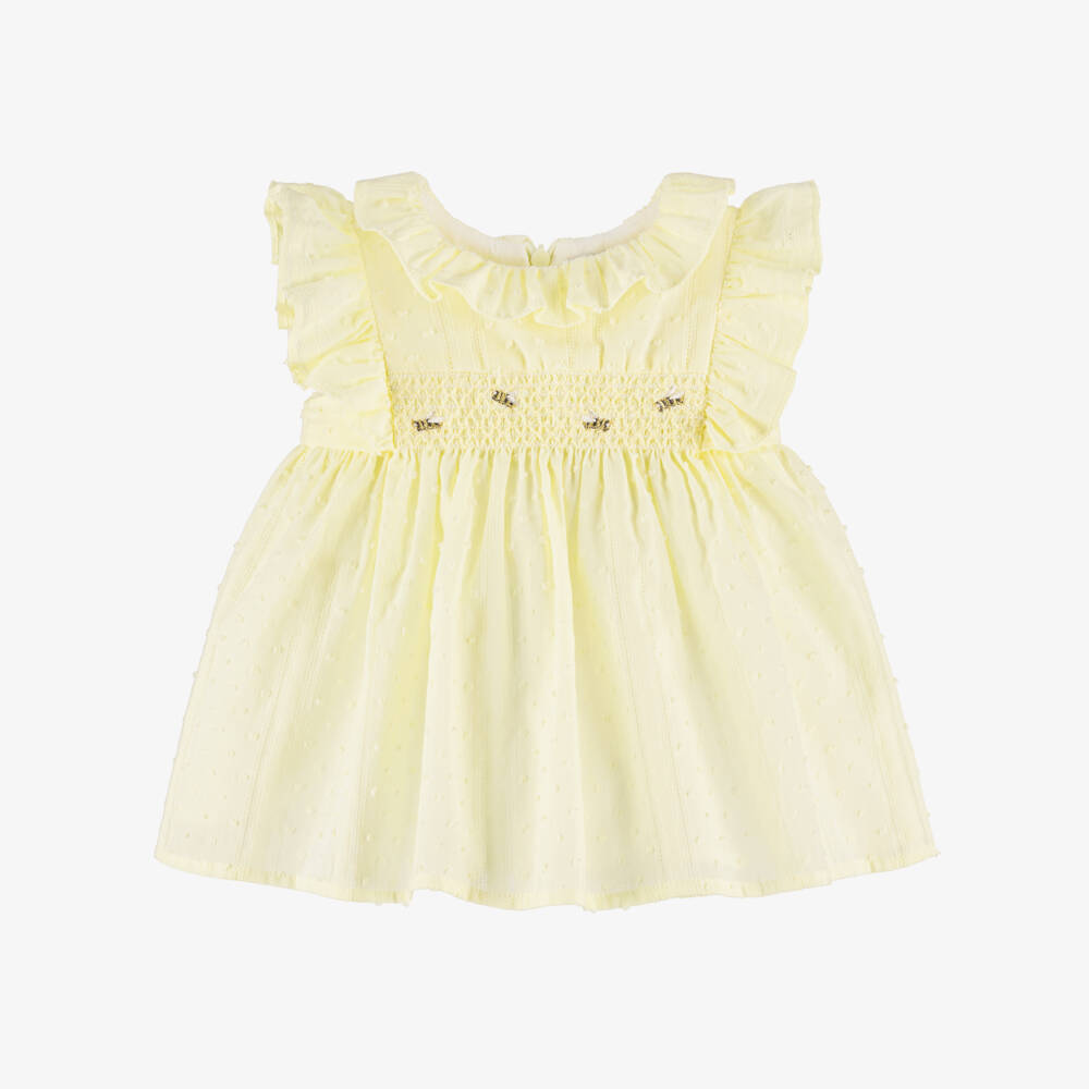 Dr. Kid-Baby Girls Yellow Cotton Smocked Dress with Embroidered Bees | Childrensalon