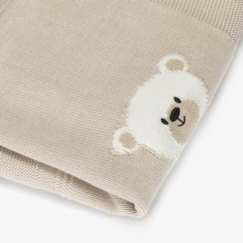 Dr. Kid-Beige Cotton & Wool Knit Bear Blanket (95cm) | Childrensalon