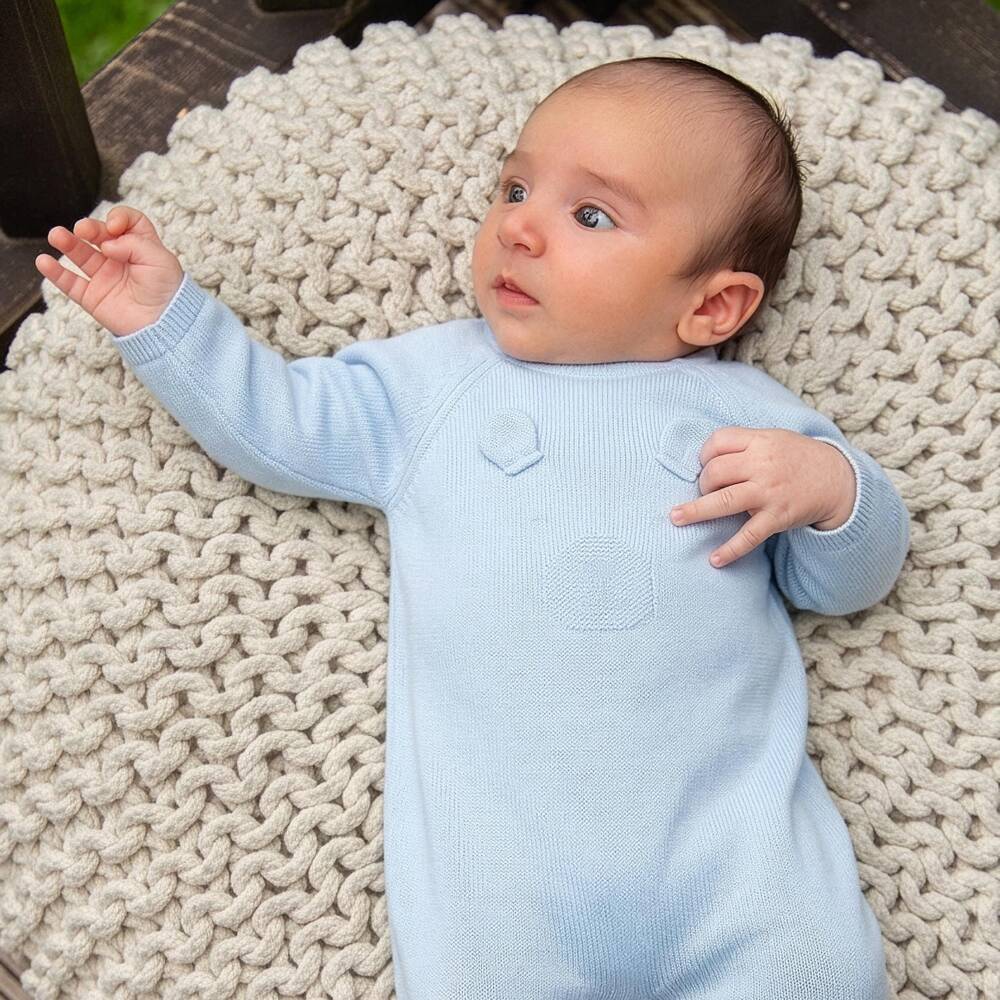 Dr. Kid-Blue Cotton Knit Babygrow with Teddy Motif | Childrensalon