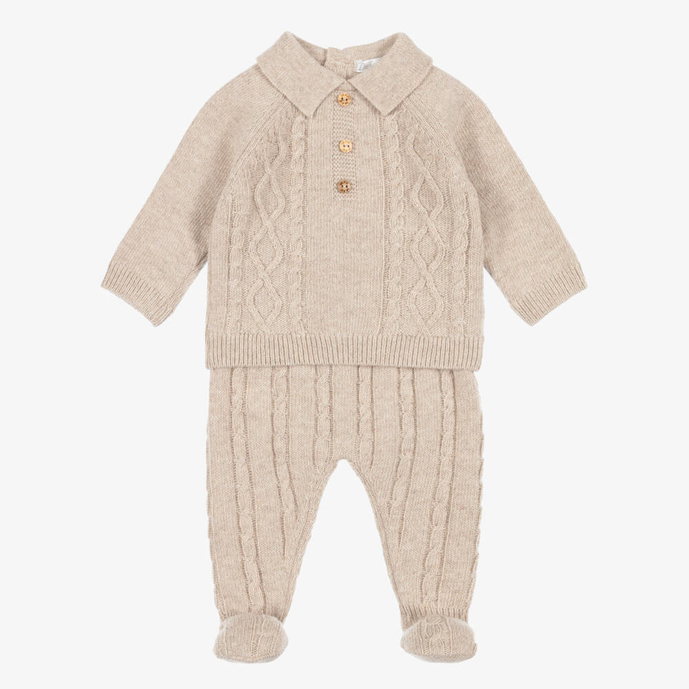 Dr. Kid-Boys Beige Cable Knit 2 Piece Collared Babygrow | Childrensalon