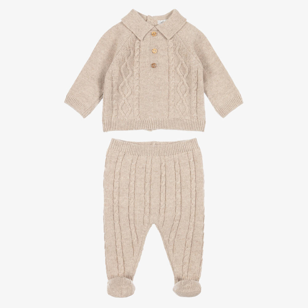Dr. Kid-Boys Beige Cable Knit 2 Piece Collared Babygrow | Childrensalon
