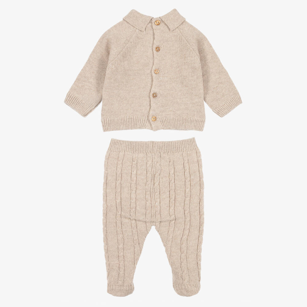 Dr. Kid-Boys Beige Cable Knit 2 Piece Collared Babygrow | Childrensalon