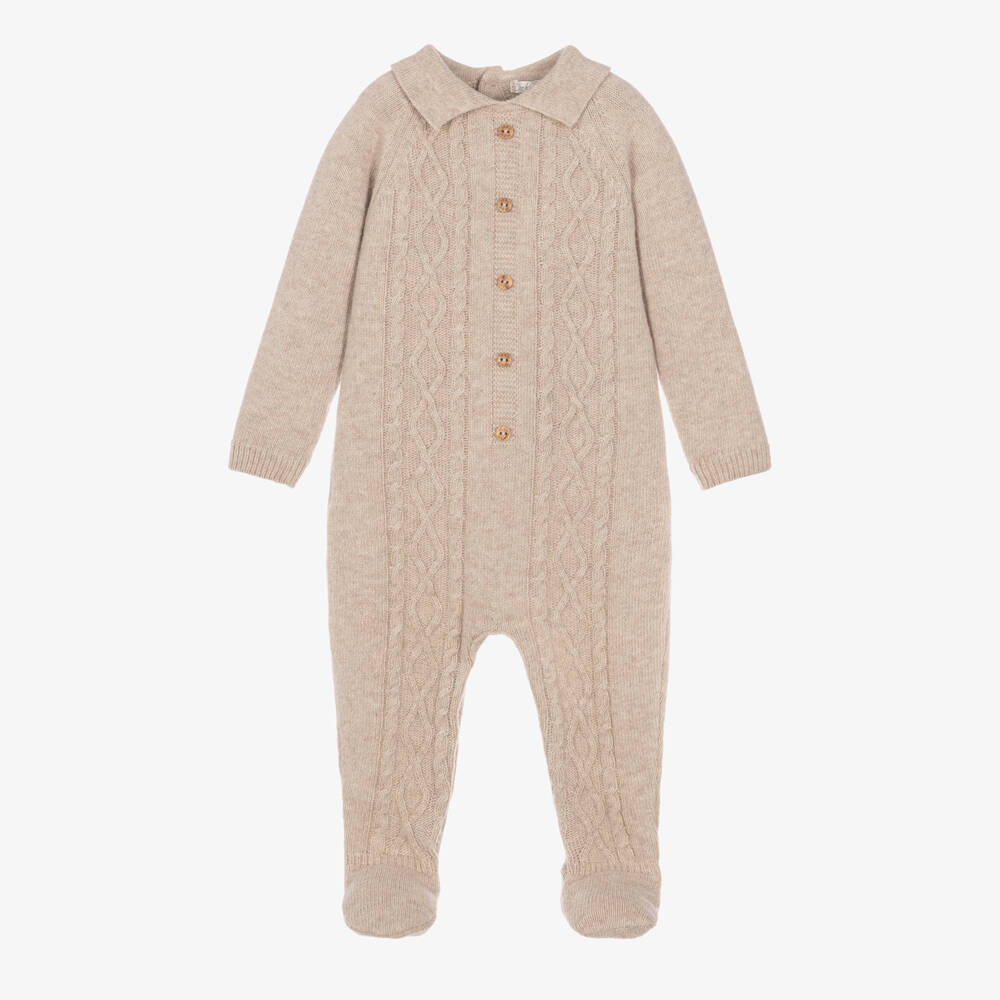 Dr. Kid-Boys Beige Cable Knit Collared Babygrow | Childrensalon