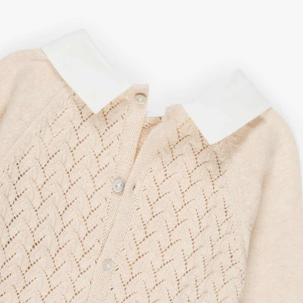 Dr. Kid-Boys Beige Cotton Knit Babygrow with Ivory Collar | Childrensalon