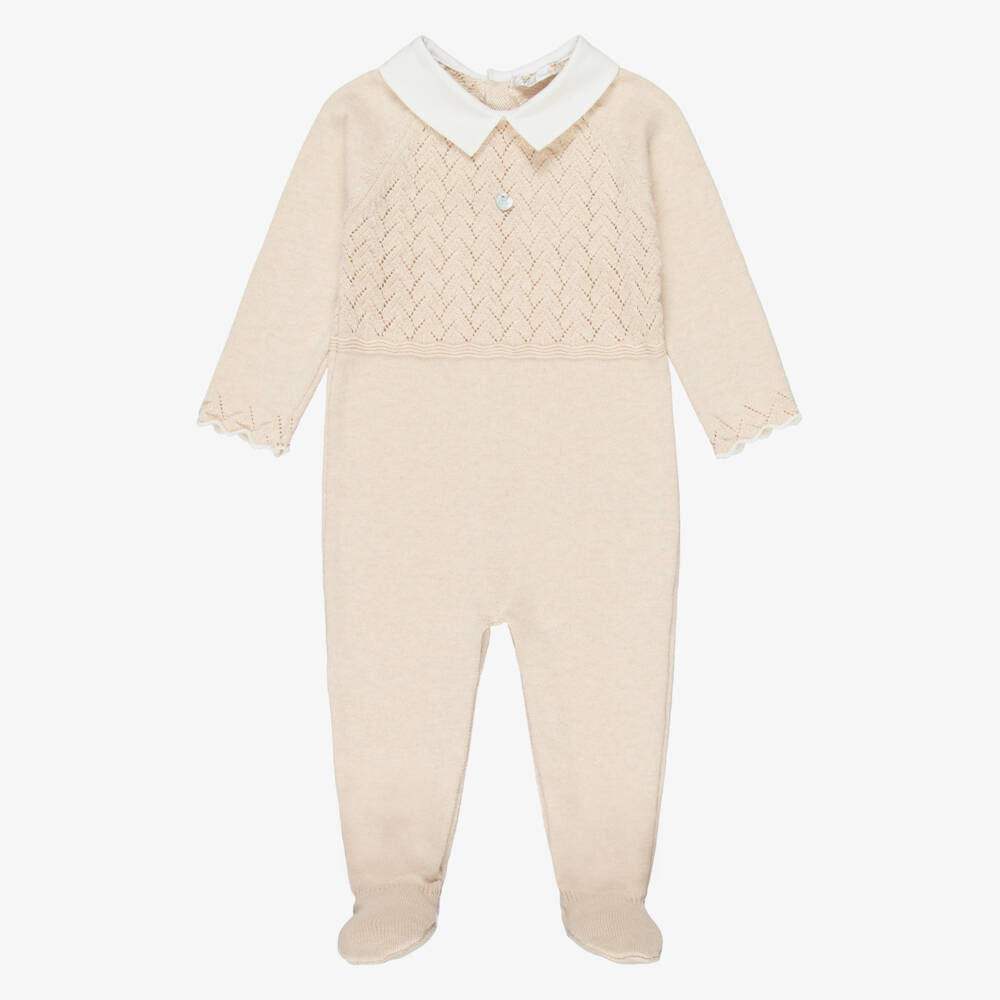 Dr. Kid-Boys Beige Cotton Knit Babygrow with Ivory Collar | Childrensalon