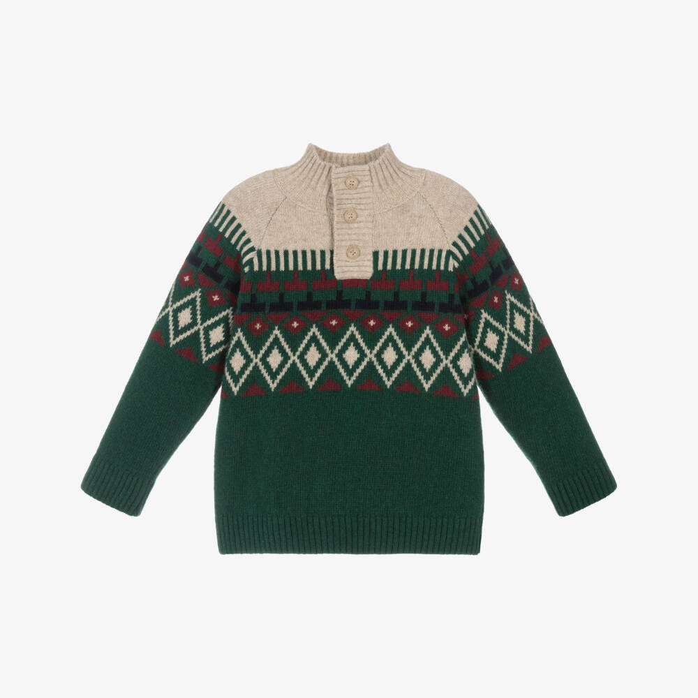 Dr. Kid-بلوفر بنقشة فير آيل لون أخضر وبيج للأولاد | Childrensalon