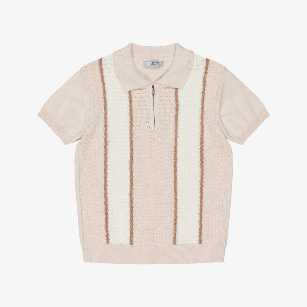 Dr. Kid-Boys Beige & Ivory Cotton Knit Polo Shirt | Childrensalon