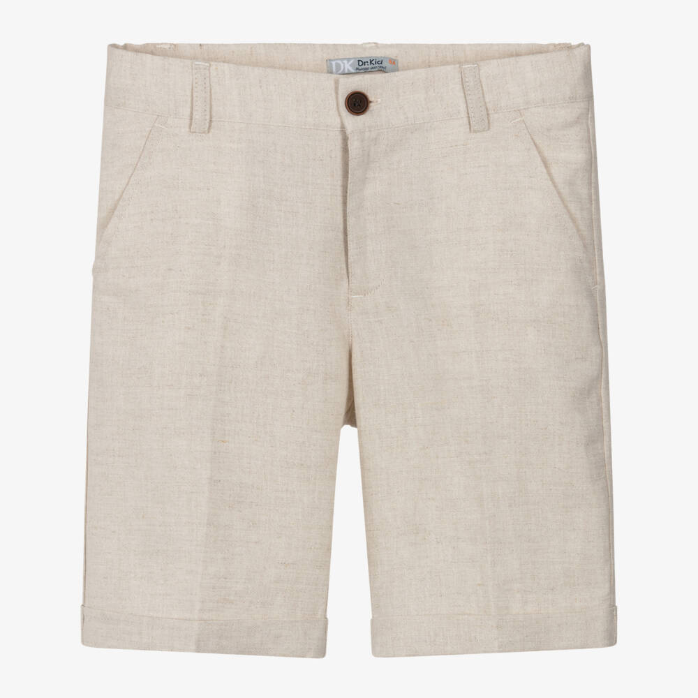 Dr. Kid-Boys Beige Linen & Cotton Turn-Up Shorts | Childrensalon