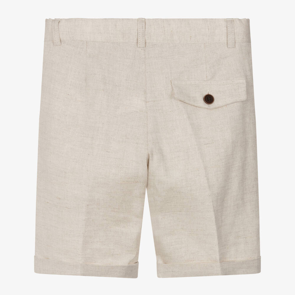 Dr. Kid-Boys Beige Linen & Cotton Turn-Up Shorts | Childrensalon
