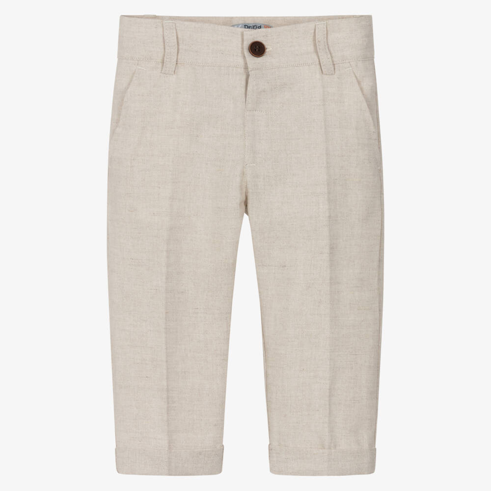 Dr. Kid-Boys Beige Linen & Cotton Turn-Up Trousers | Childrensalon
