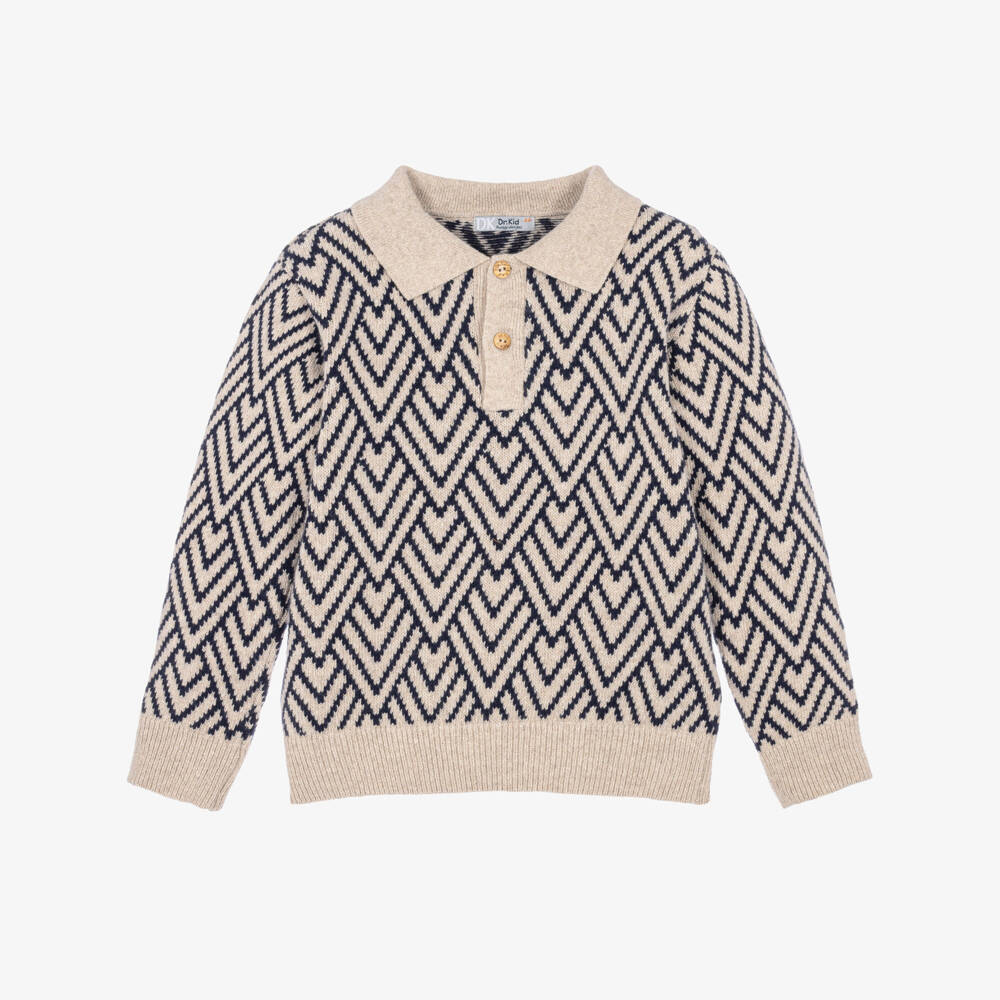 Dr. Kid-Boys Beige & Navy Sweater in Wool & Cotton Knit | Childrensalon