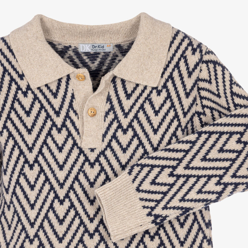 Dr. Kid-Boys Beige & Navy Sweater in Wool & Cotton Knit | Childrensalon
