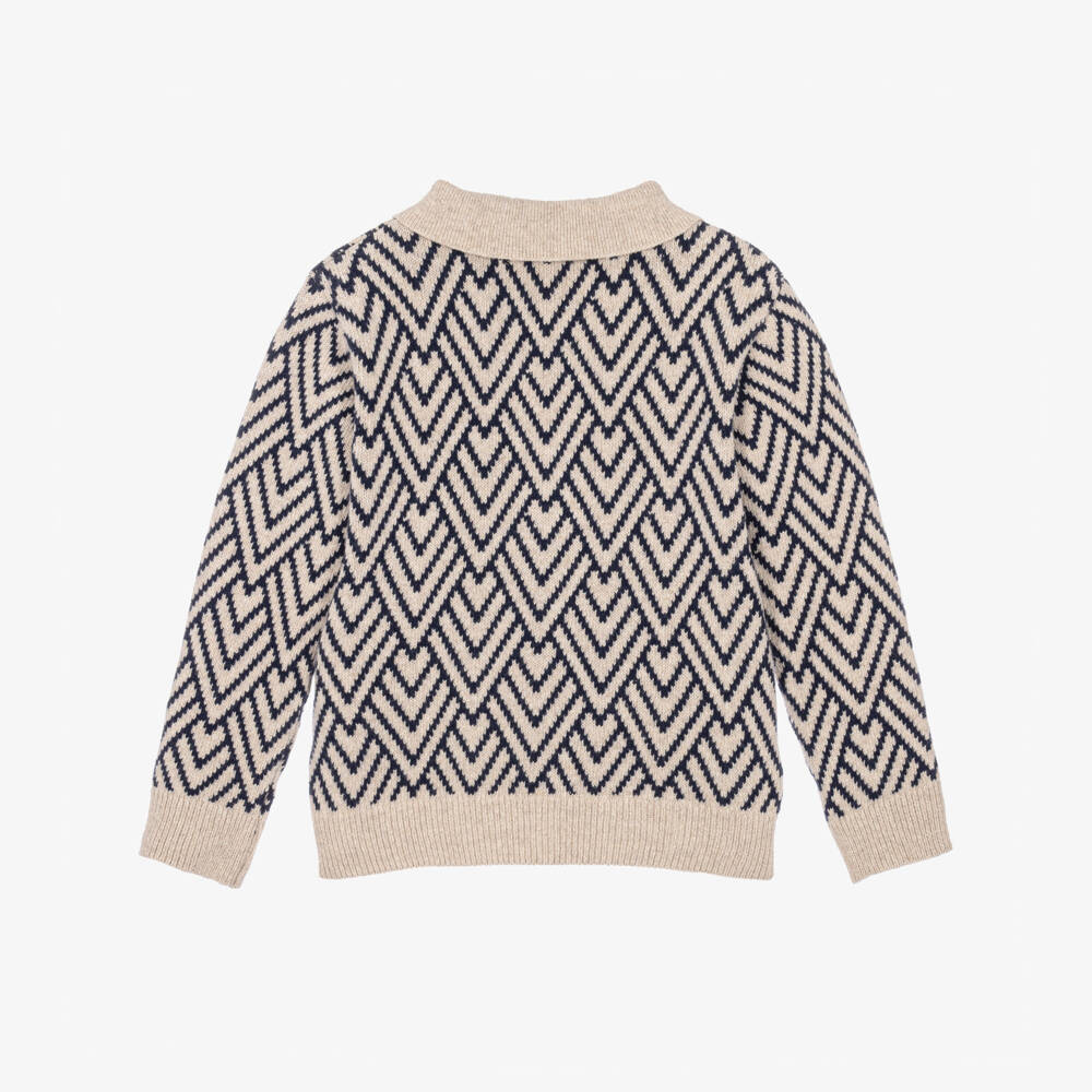 Dr. Kid-Boys Beige & Navy Sweater in Wool & Cotton Knit | Childrensalon