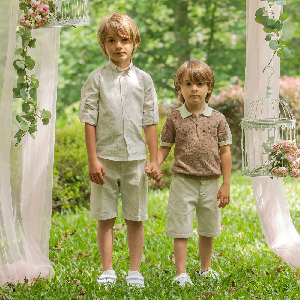 Dr. Kid-Boys Beige Striped Button-Down Shirt | Childrensalon