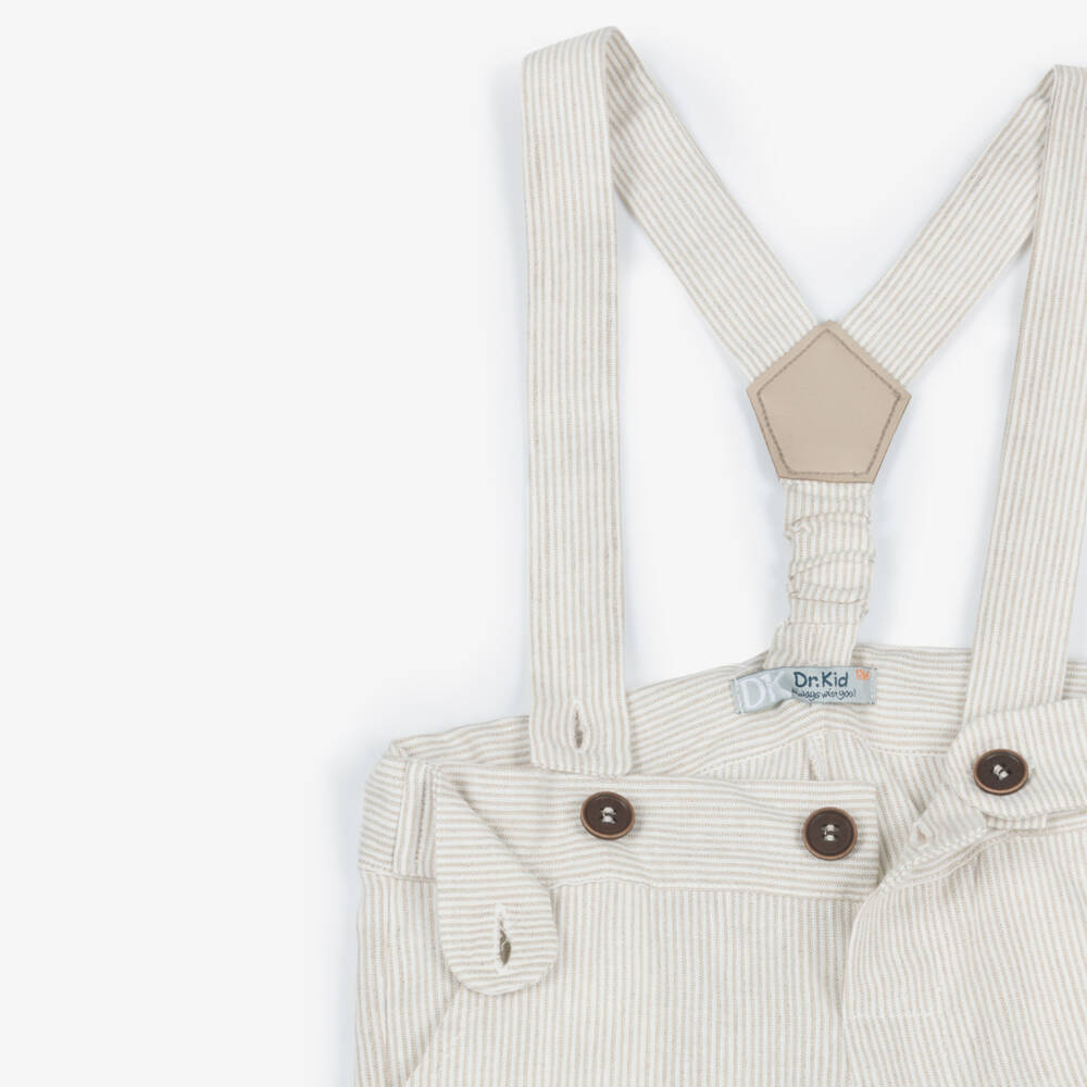 Dr. Kid-Boys Beige Striped Shorts with Shoulder Straps | Childrensalon