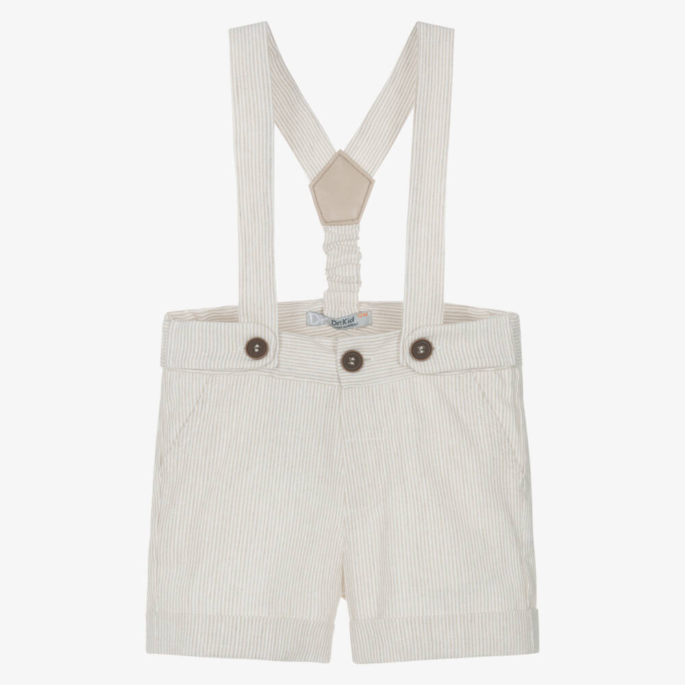 Dr. Kid-Boys Beige Striped Shorts with Shoulder Straps | Childrensalon