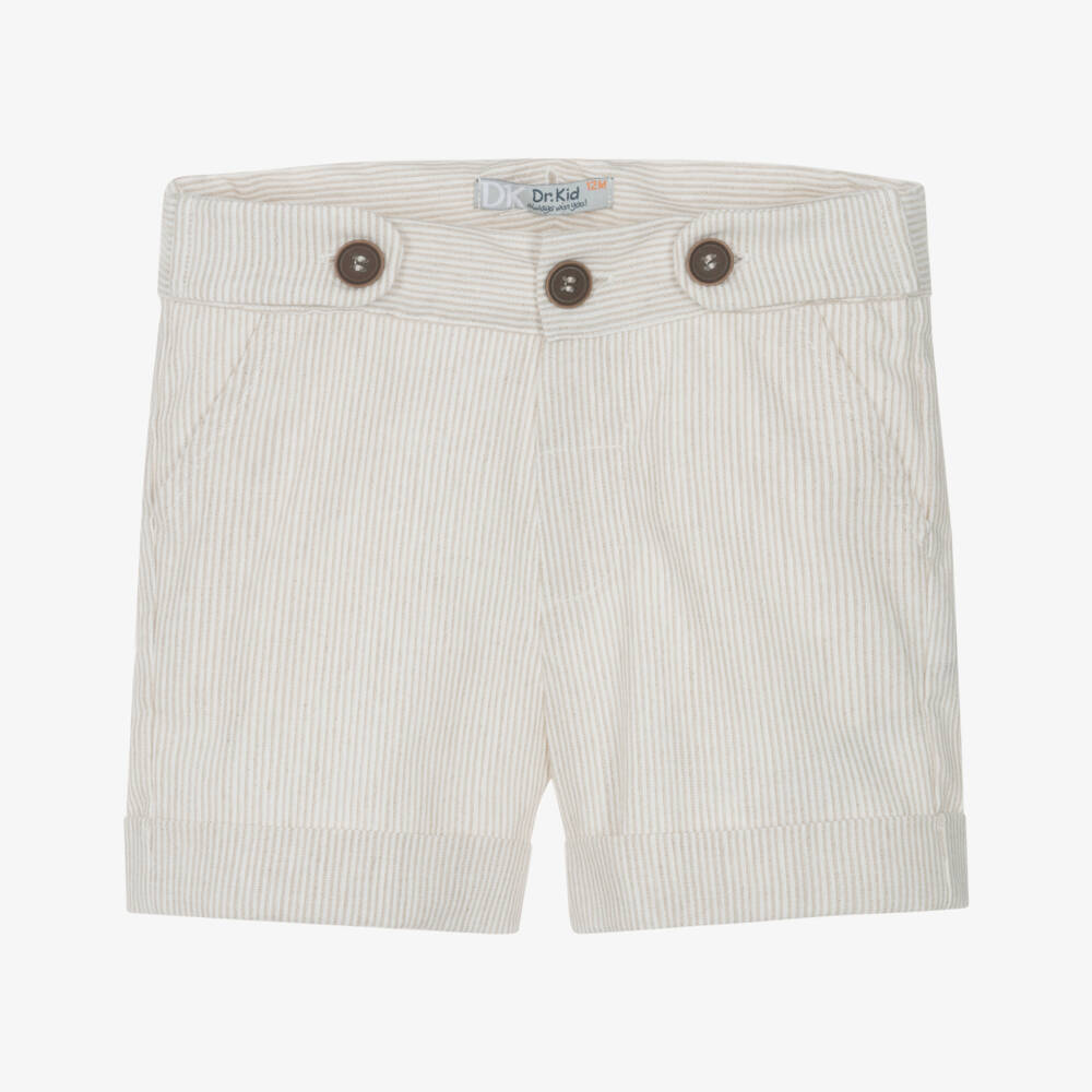Dr. Kid-Boys Beige Striped Shorts with Shoulder Straps | Childrensalon
