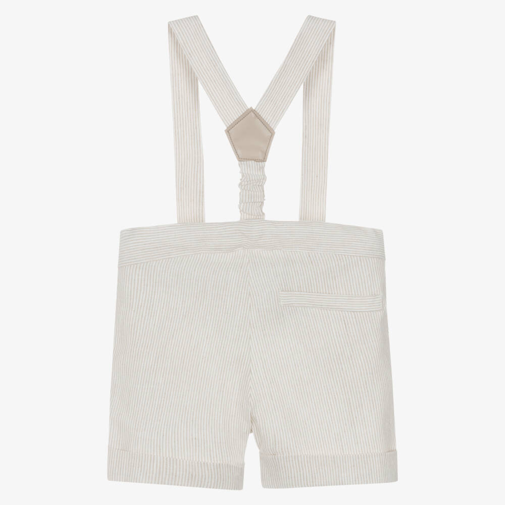 Dr. Kid-Boys Beige Striped Shorts with Shoulder Straps | Childrensalon