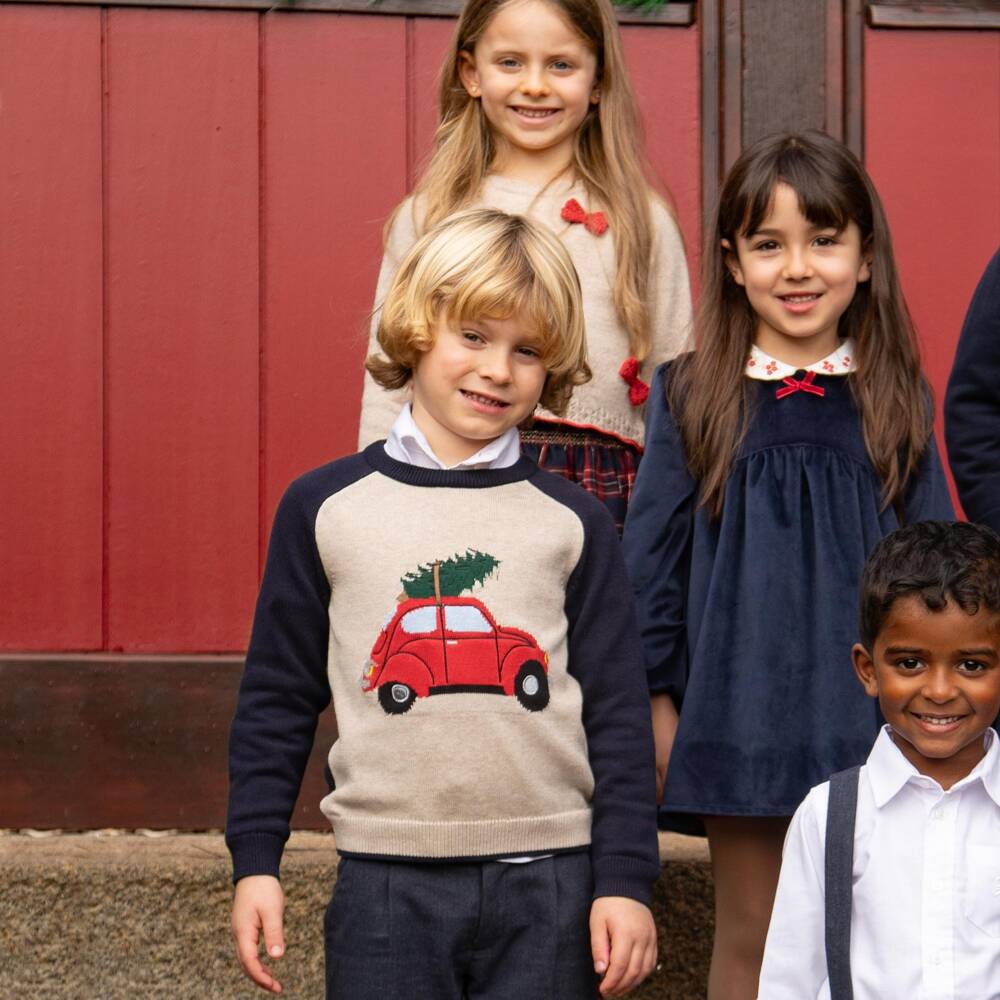Dr. Kid-Boys Blue & Beige Knitted Christmas Car Sweater | Childrensalon