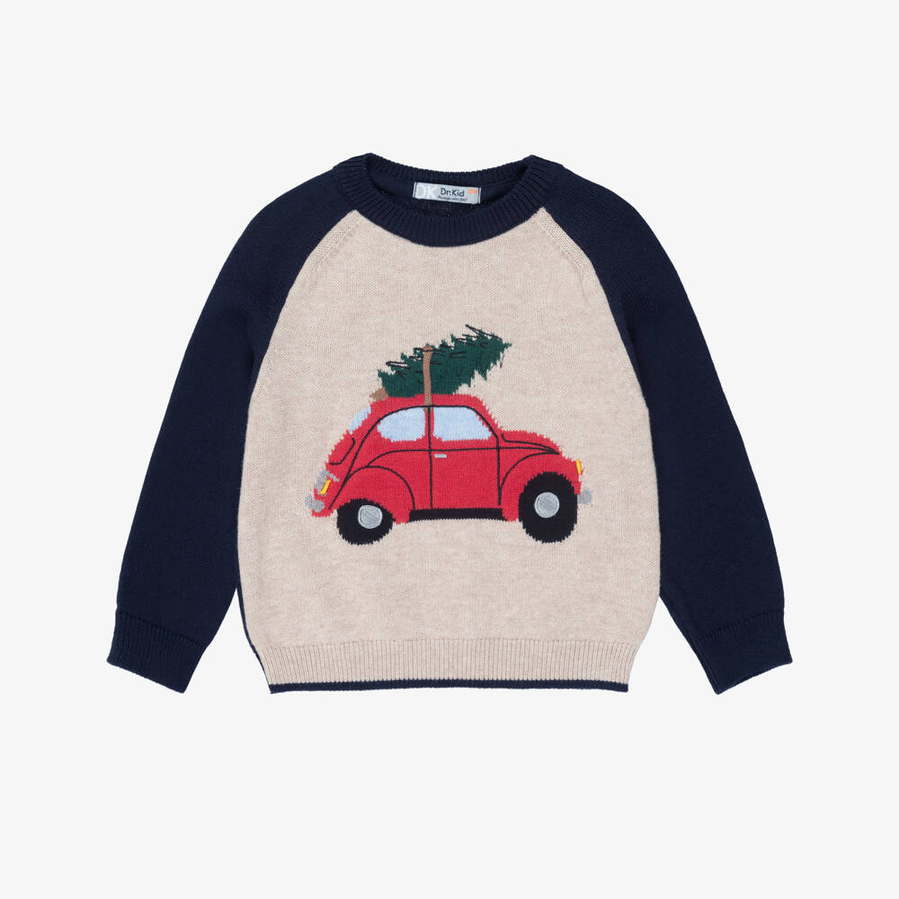 Dr. Kid-Boys Blue & Beige Knitted Christmas Car Sweater | Childrensalon