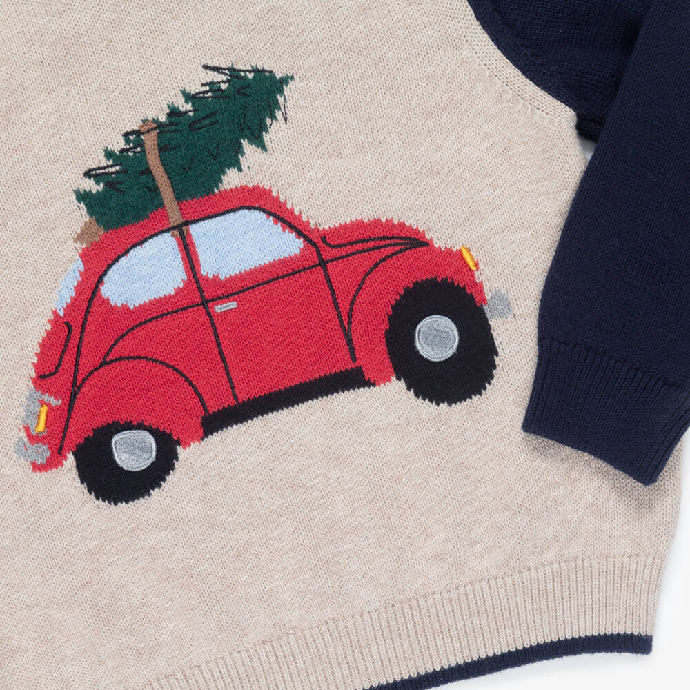 Dr. Kid-Boys Blue & Beige Knitted Christmas Car Sweater | Childrensalon