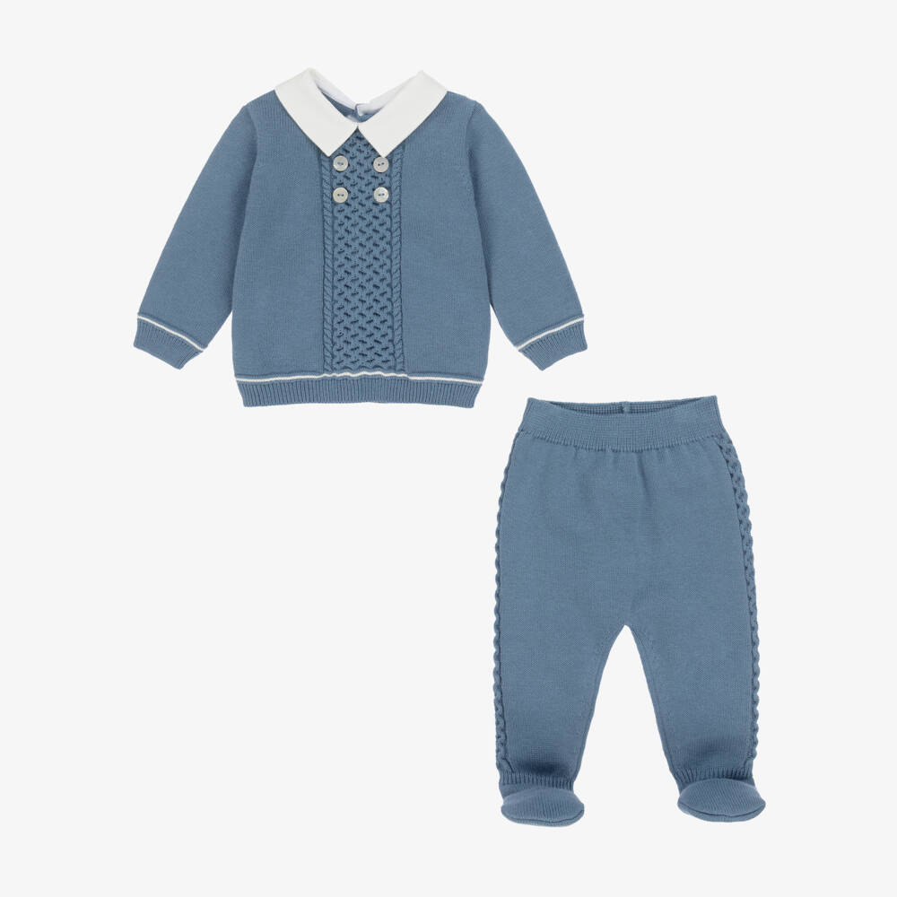 Dr. Kid-Boys Blue Cotton Knit 2 Piece Babygrow with White Twill Collar | Childrensalon