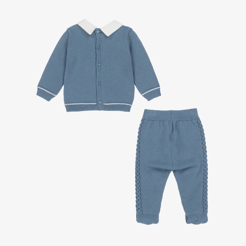Dr. Kid-Boys Blue Cotton Knit 2 Piece Babygrow with White Twill Collar | Childrensalon