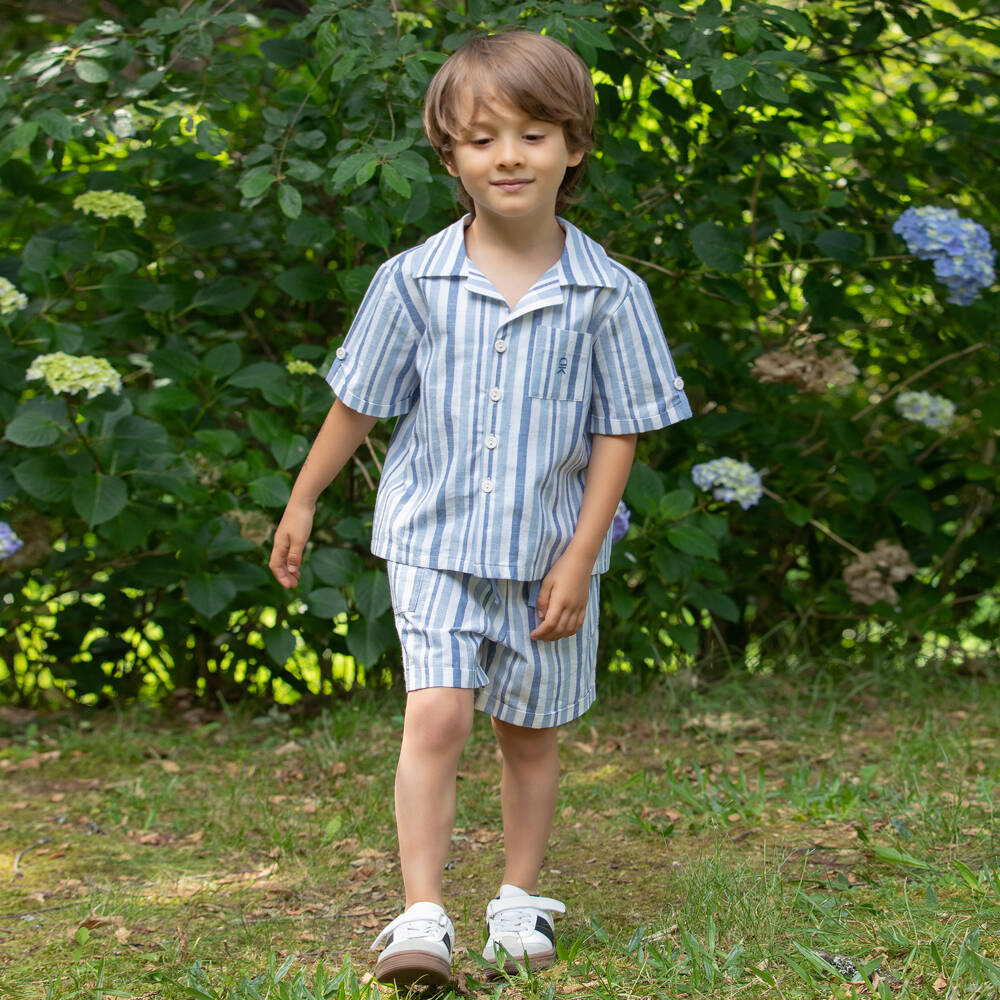 Dr. Kid-Boys Blue & Ivory Striped Cotton Short-Sleeved Shirt | Childrensalon