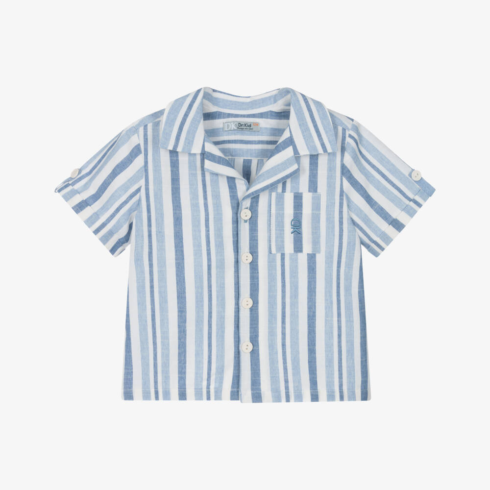 Dr. Kid-Boys Blue & Ivory Striped Cotton Short-Sleeved Shirt | Childrensalon