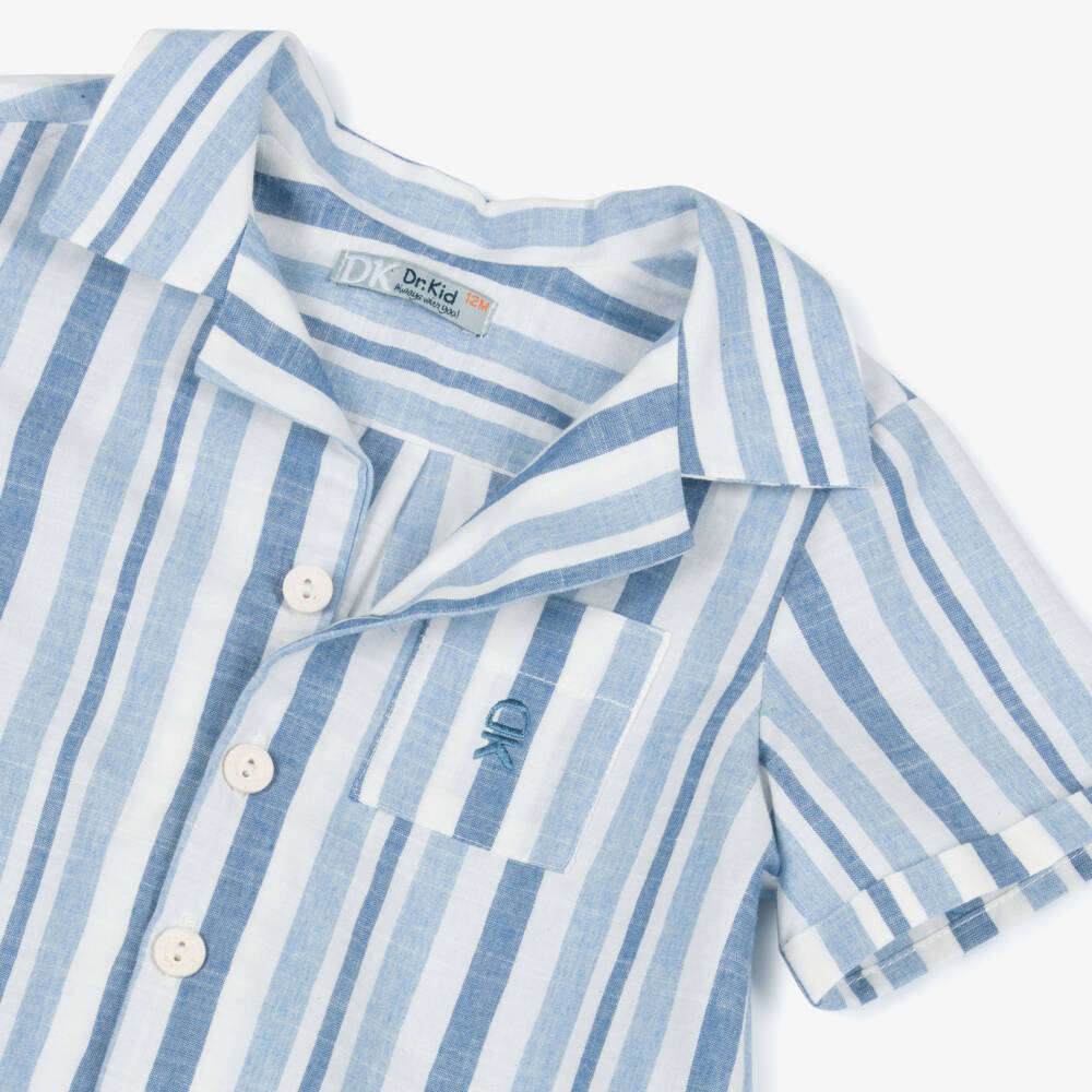 Dr. Kid-Boys Blue & Ivory Striped Cotton Short-Sleeved Shirt | Childrensalon