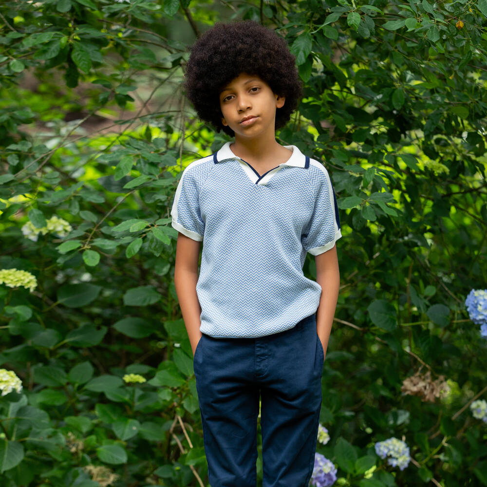 Dr. Kid-Boys Blue Knitted Cotton Polo Top | Childrensalon