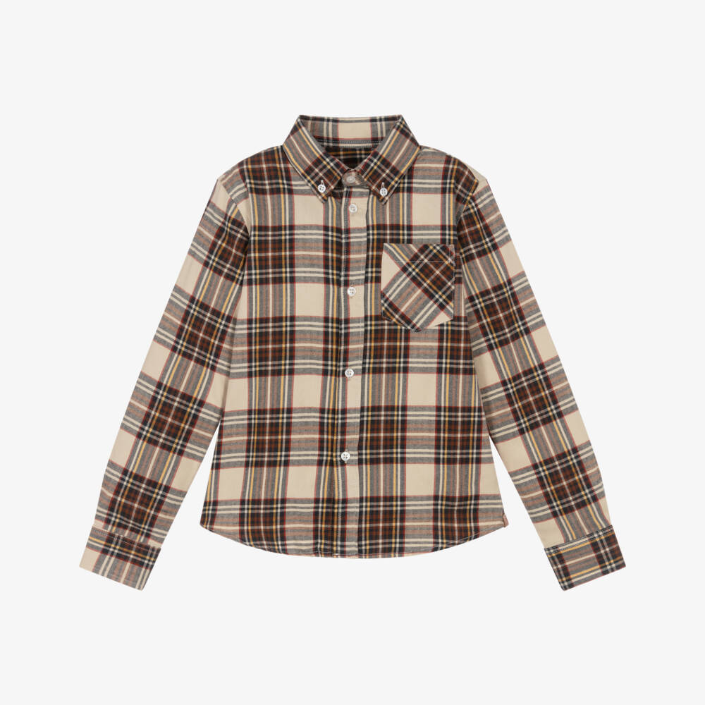 Dr. Kid-Boys Brown & Beige Check Cotton Shirt | Childrensalon