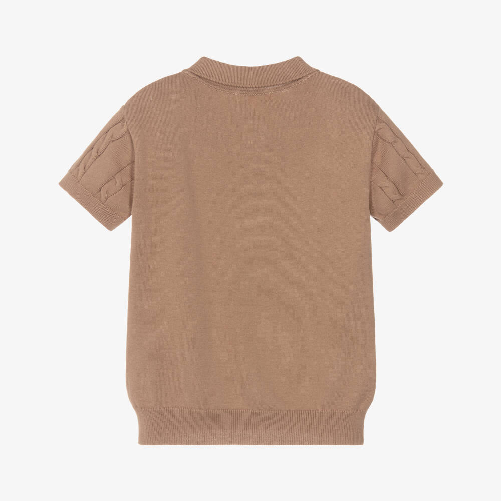 Dr. Kid-Boys Brown Cotton Cable Knit Polo Shirt | Childrensalon