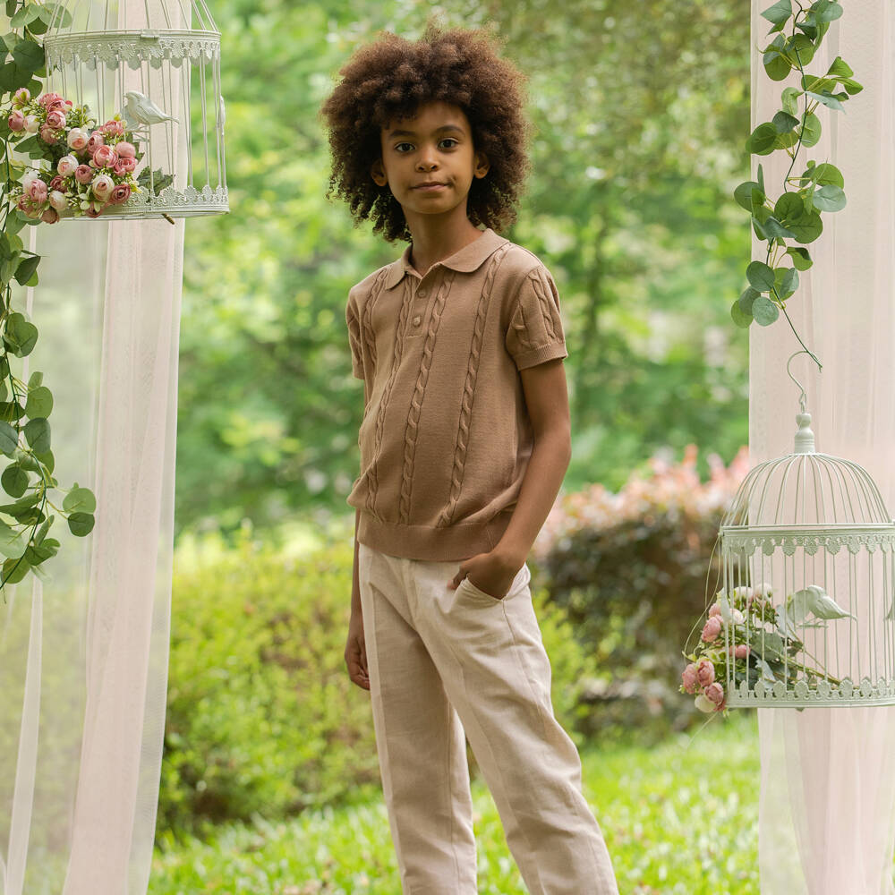 Dr. Kid-Boys Brown Cotton Cable Knit Polo Shirt | Childrensalon