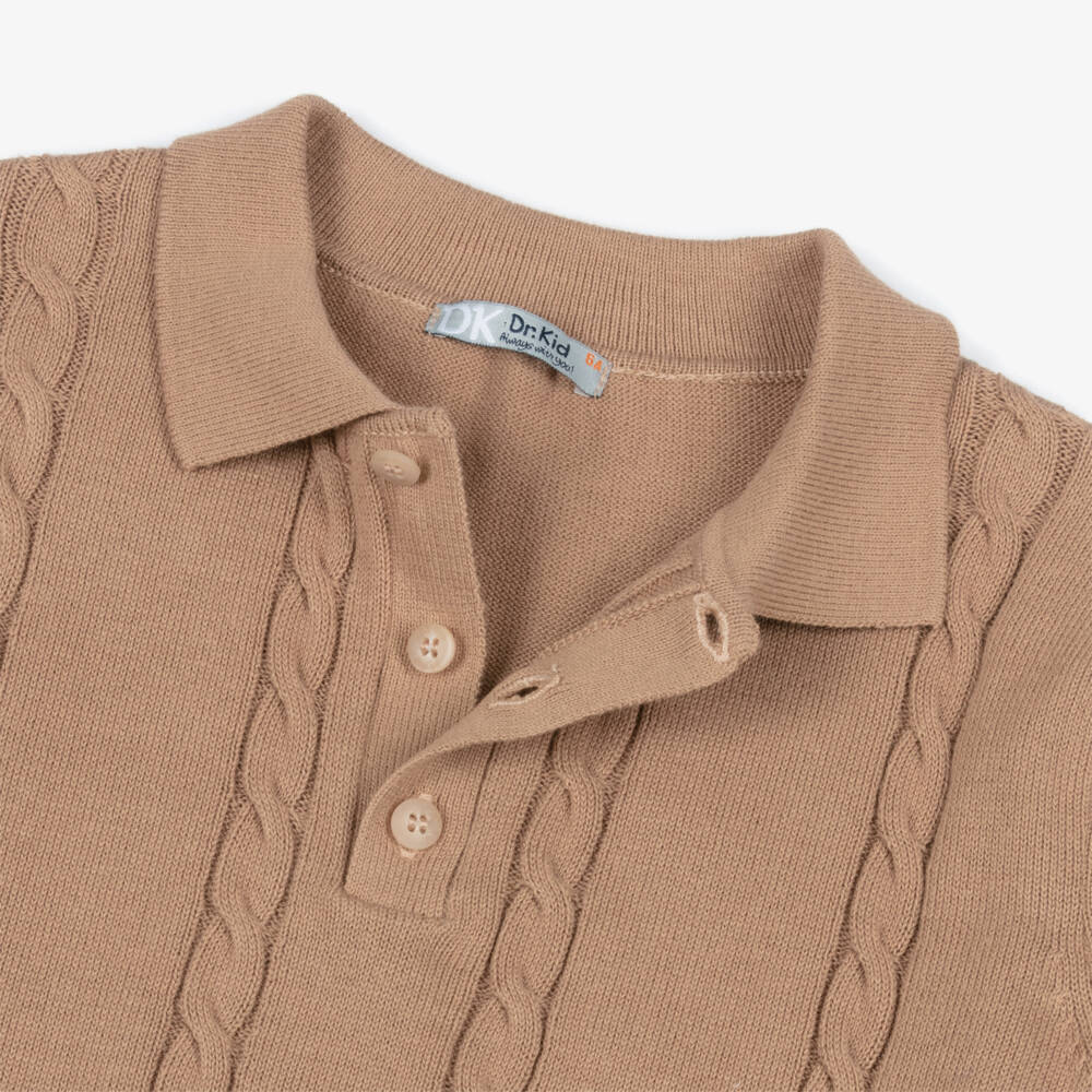 Dr. Kid-Boys Brown Cotton Cable Knit Polo Shirt | Childrensalon