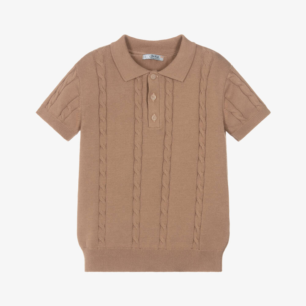 Dr. Kid-Boys Brown Cotton Cable Knit Polo Shirt | Childrensalon