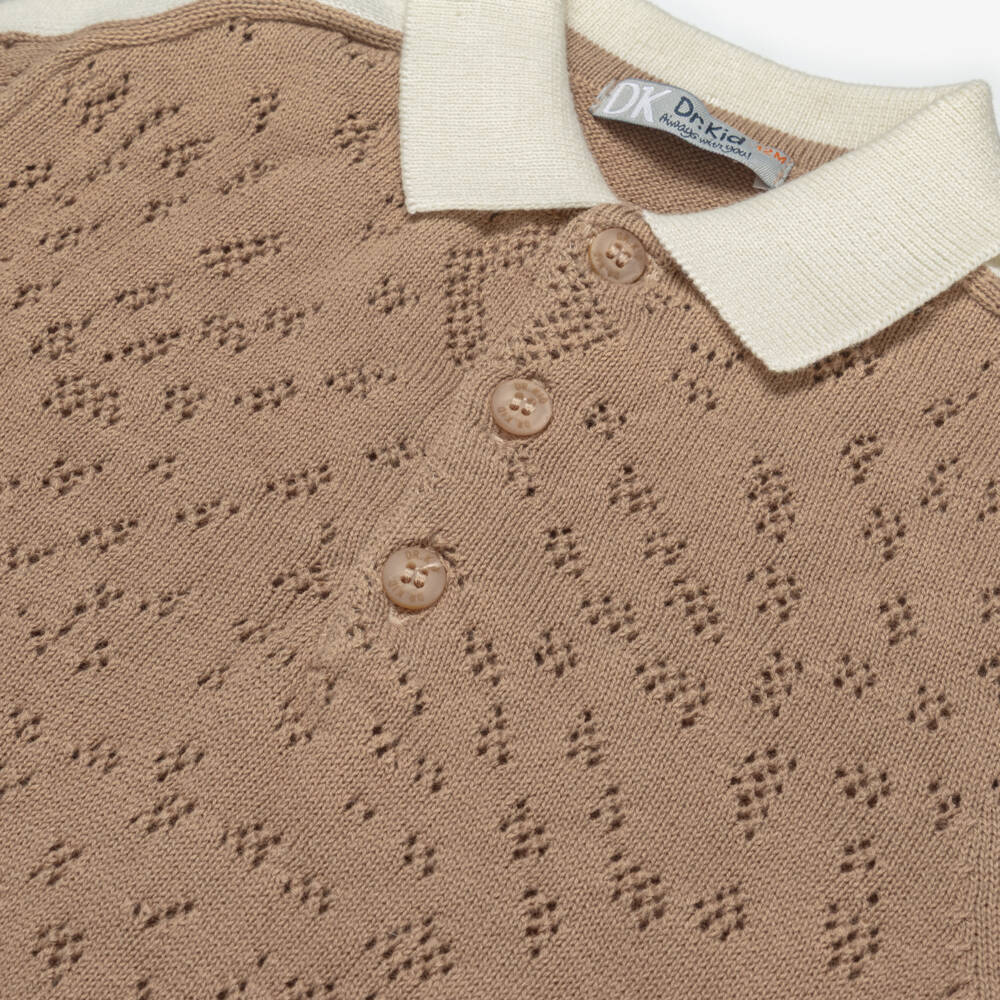 Dr. Kid-Boys Brown & Ivory Cotton Knit Polo Shirt | Childrensalon