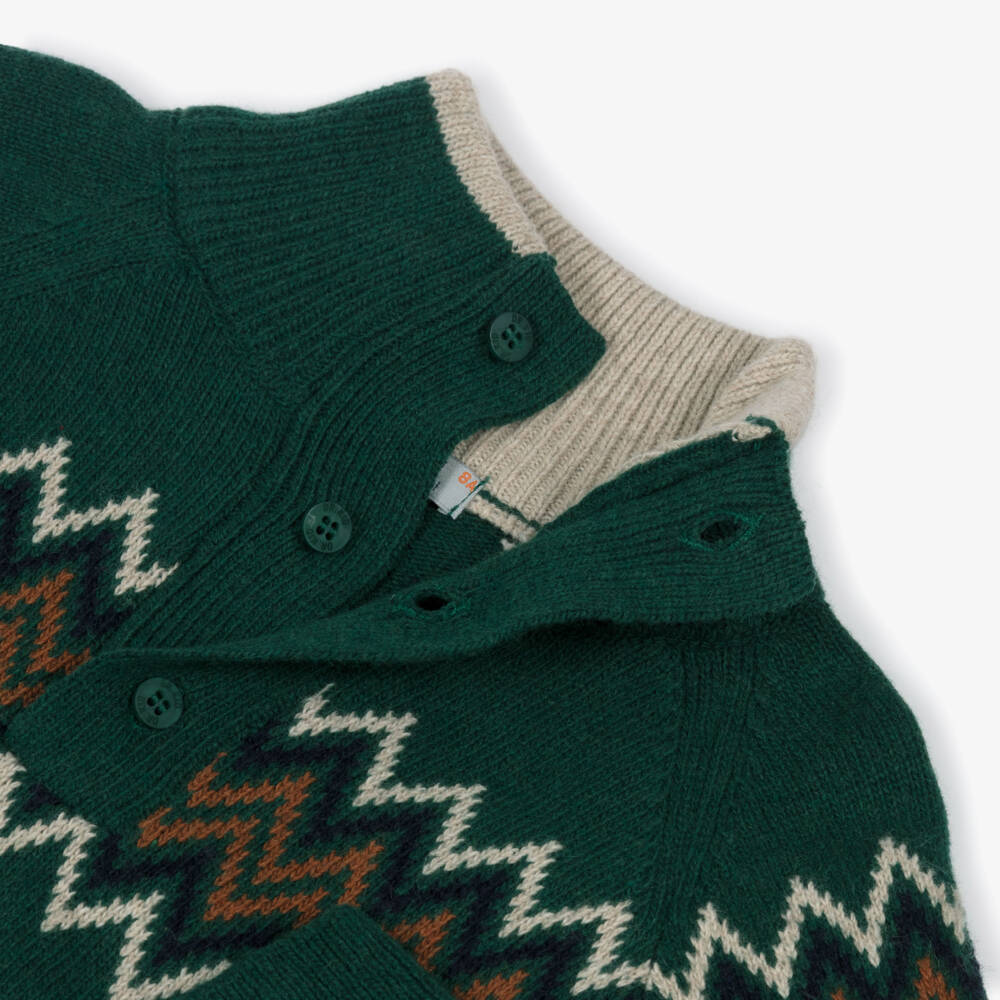 Dr. Kid-Boys Green Knitted Fair Isle Jumper with Buttoned Turtleneck | Childrensalon