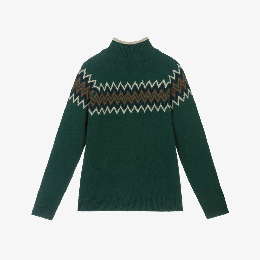 Dr. Kid-Boys Green Knitted Fair Isle Jumper with Buttoned Turtleneck | Childrensalon