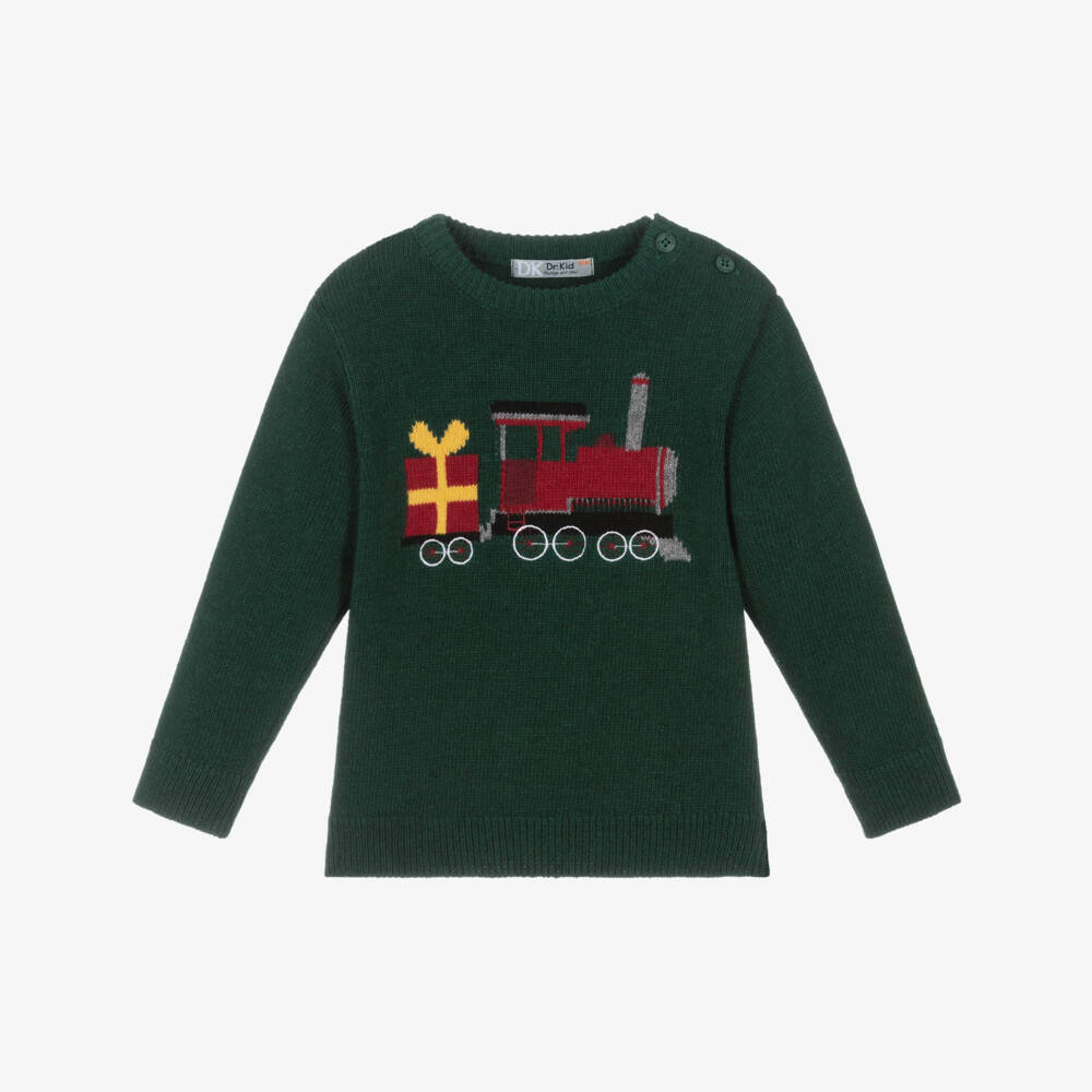 Dr. Kid-جاكيت بتصميم قطار قطن وصوف محبوك لون أخضر للأولاد | Childrensalon