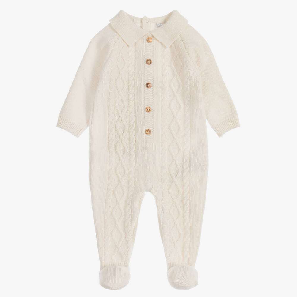 Dr. Kid-Boys Ivory Cable Knit Collared Babygrow | Childrensalon