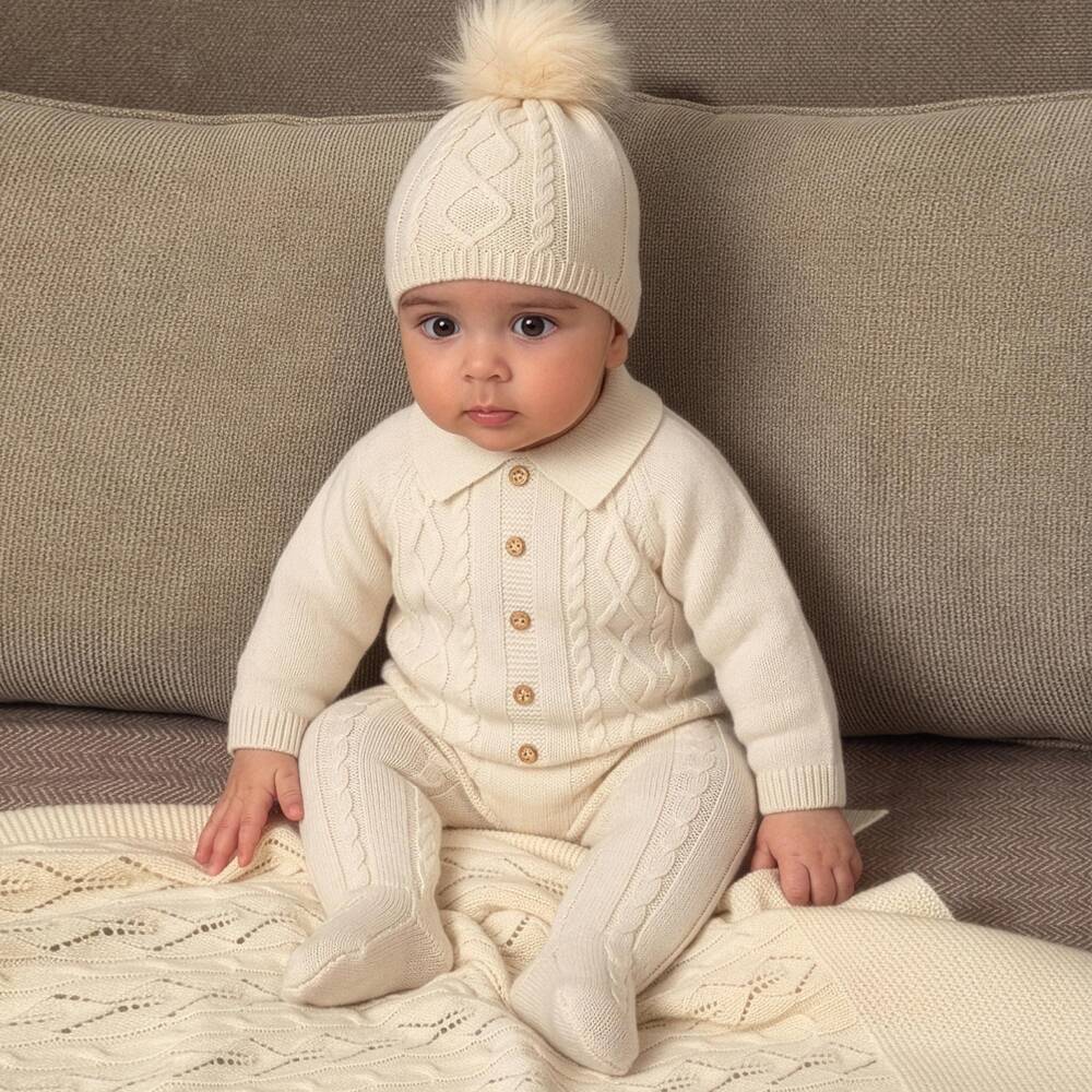 Dr. Kid-Boys Ivory Cable Knit Collared Babygrow | Childrensalon