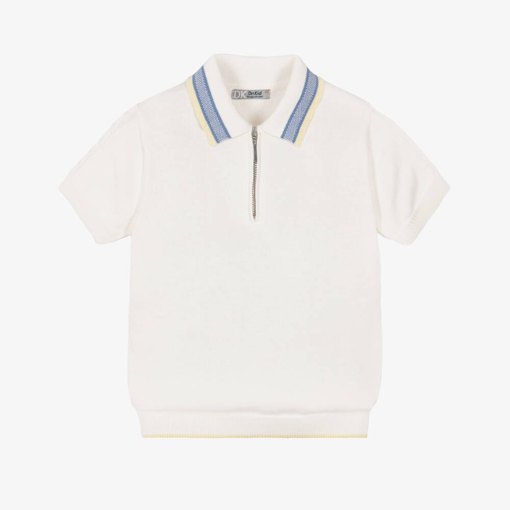 Dr. Kid-Boys Ivory Cotton Knit Polo Shirt with Striped Collar | Childrensalon