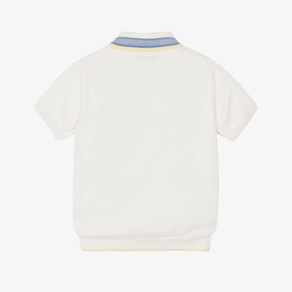 Dr. Kid-Boys Ivory Cotton Knit Polo Shirt with Striped Collar | Childrensalon