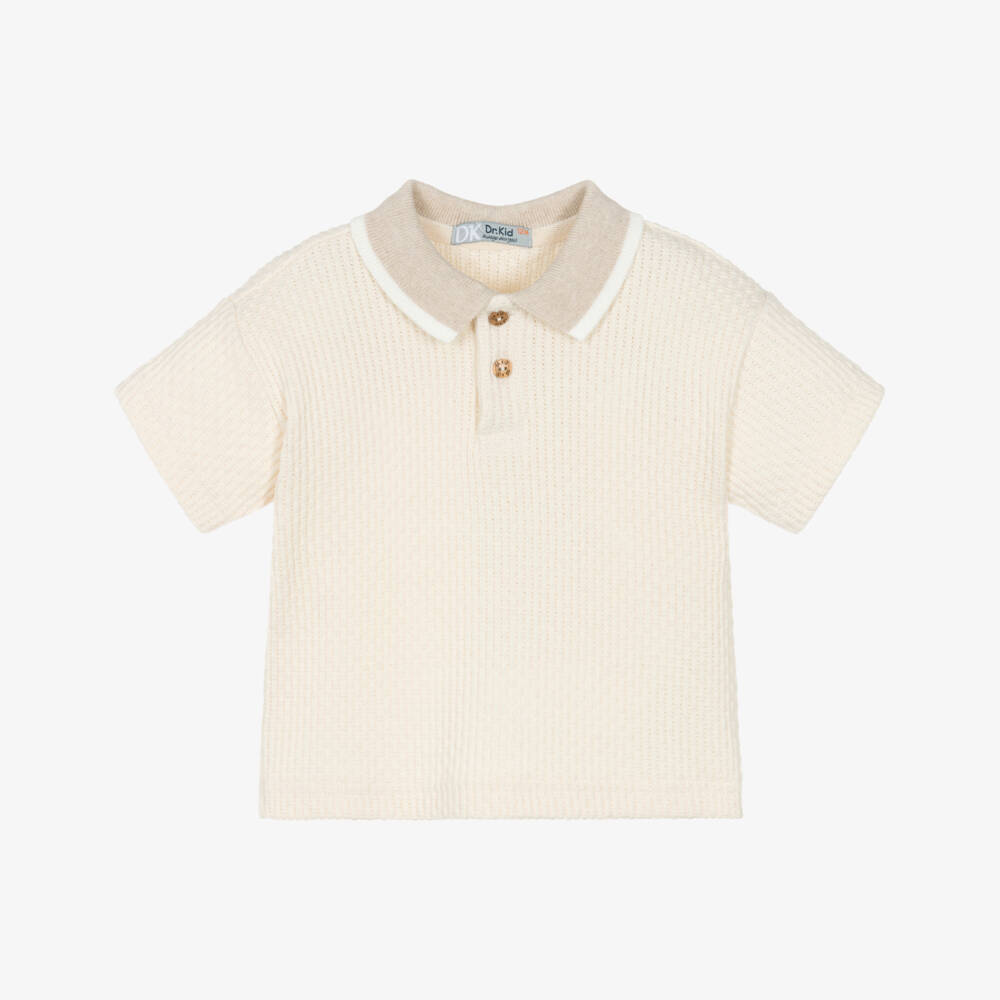 Dr. Kid-Boys Ivory Cotton Textured Knit Polo Shirt | Childrensalon