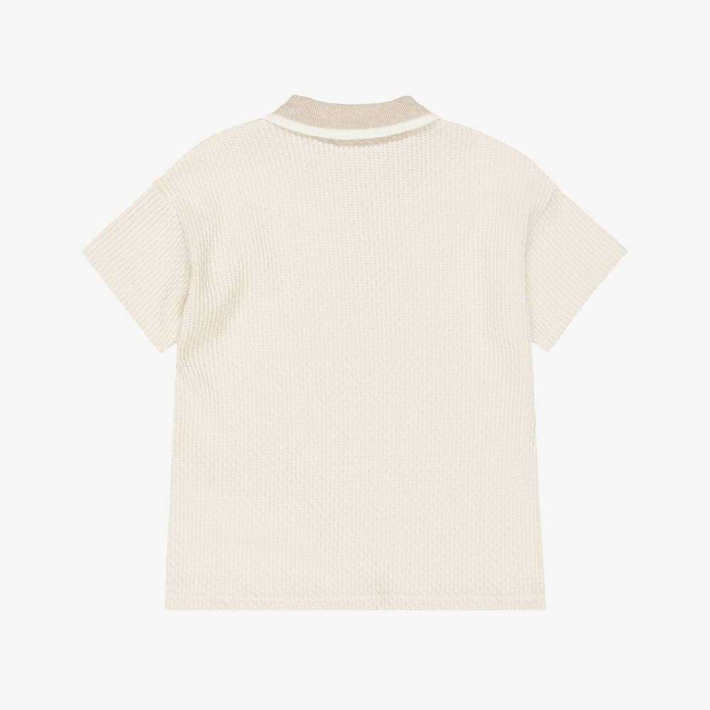Dr. Kid-Boys Ivory Cotton Textured Knit Polo Shirt | Childrensalon