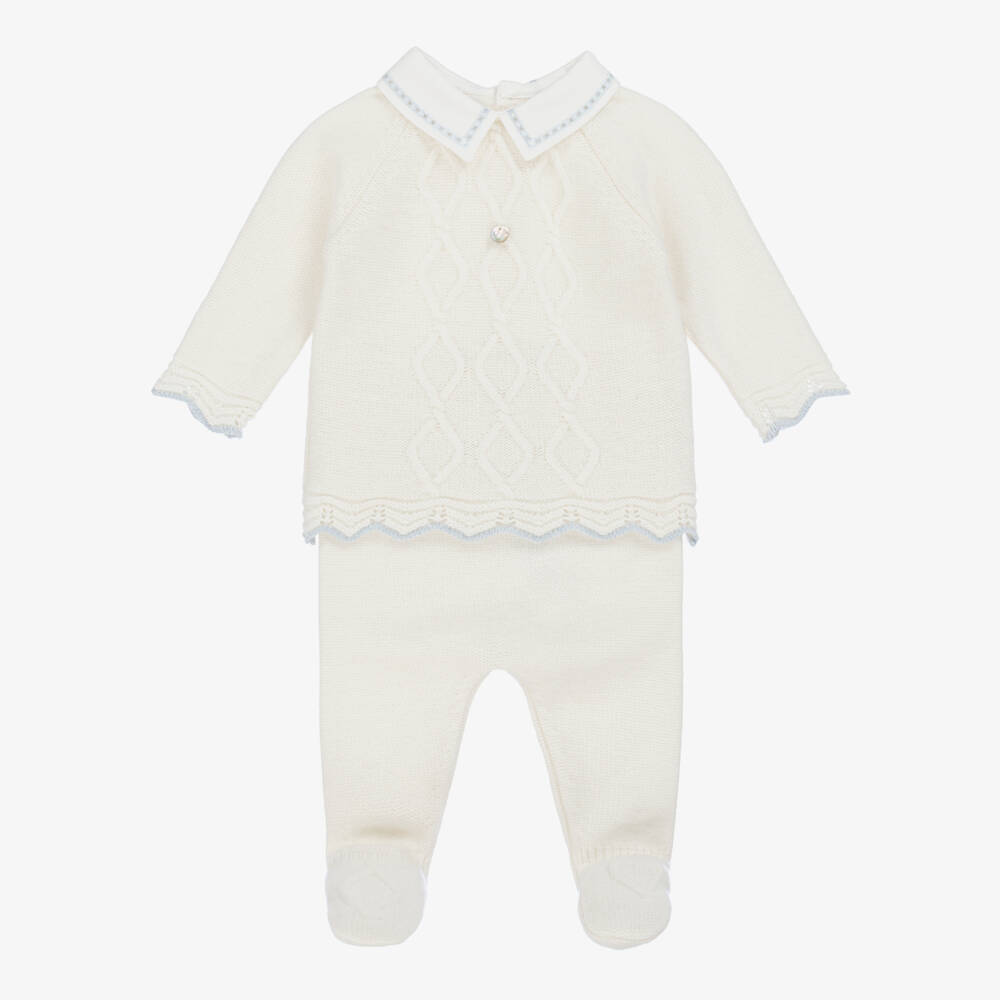 Dr. Kid-Boys Ivory Knit 2 Piece Babygrow with Embroidered Twill Collar | Childrensalon